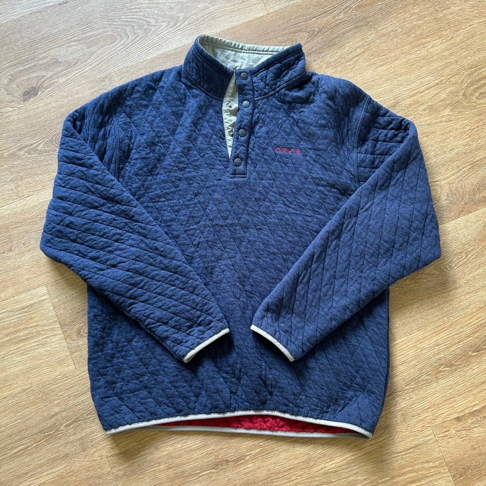 Orvis Mens Quilted Snap-Neck Pullover Sweatshirt Navy Blue Large RN70534